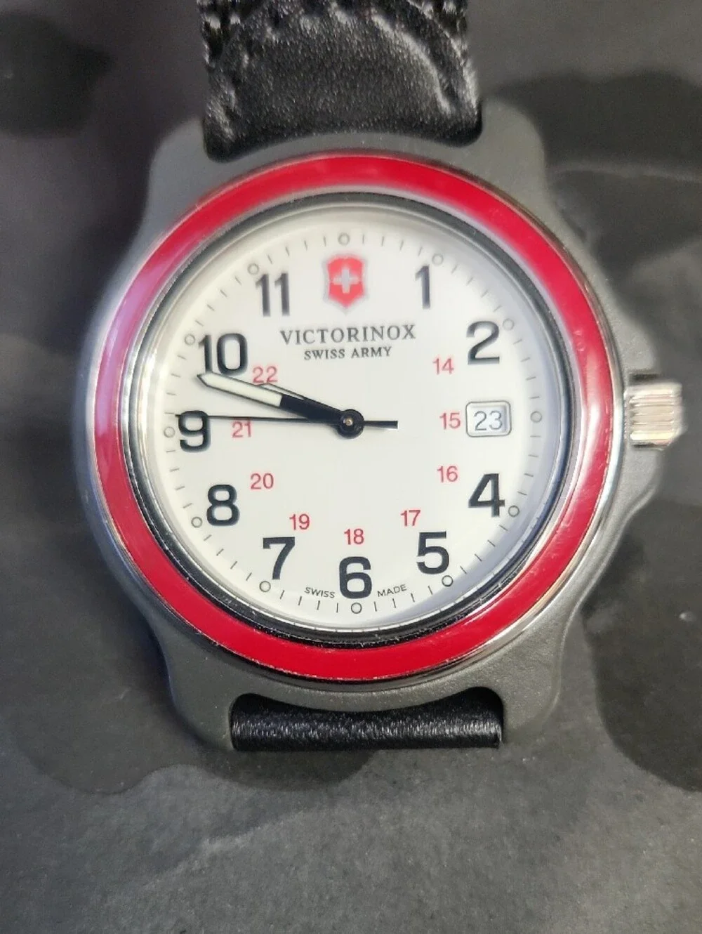Victorinox Red-Bezel Silver Field Watch with Black Strap